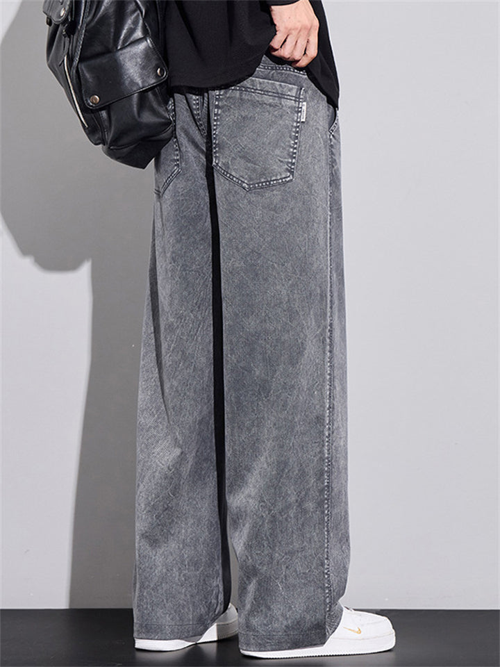 Men's Casual Cozy Elastic Waist Straight Leg Washed Denim Pants