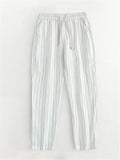 Mens Summer Striped Linen Blend Drawstring Cropped Beach Pants