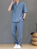 Men's 2Pcs Comfy Stand Collar V Neck Short Sleeve Solid Color Outfits