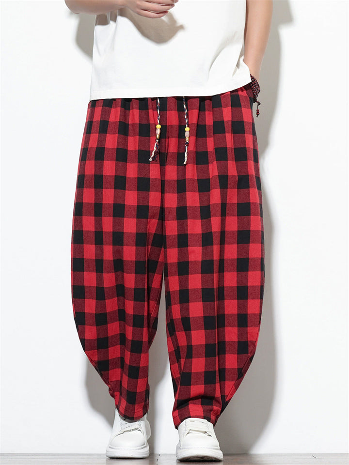 Mens Plaid Checkered Wide Leg Baggy Harem Pants