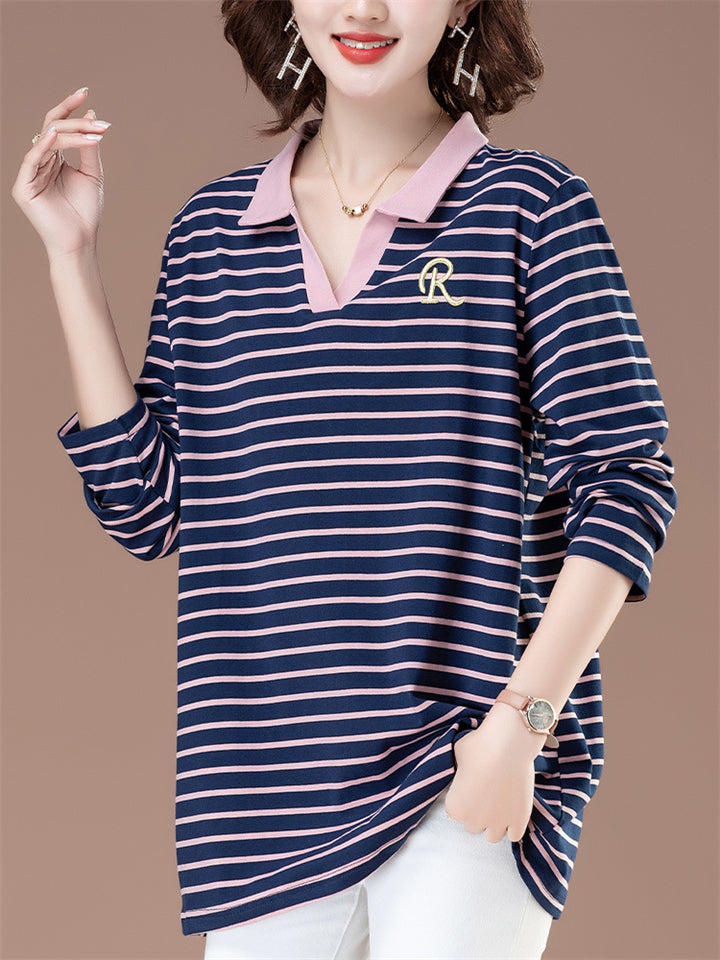 Women's Loose Contrast Color Cotton Stripe Long Sleeve Shirts