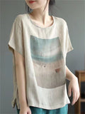 Summer Casual Cotton Linen Print  Short Sleeve T-shirt for Women