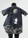 Ancient Style White Crane Moon Pattern Mid-Length Jacket