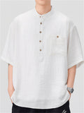 Men's Casual Stand Collar Solid Color Texture Short Sleeve Shirts