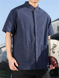 Men's Simple Short Sleeve Ramine Blend Mandarin Collar Casual Shirts