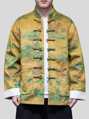 Men's Landscape Print Stand Collar Vintage Tang Suit Jacket