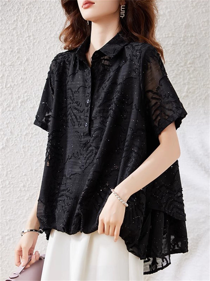 Women's Summer Polo Neck Sequin Jacquard Short Sleeve Shirt