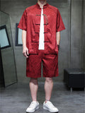 Men's 2Pcs Summer Jacquard Stand Collar Short Sleeve Solid Color Outfits