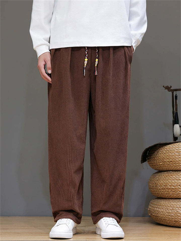 ‌Men's Casual Drawstring Loose Fit Corduroy Straight Leg Pants