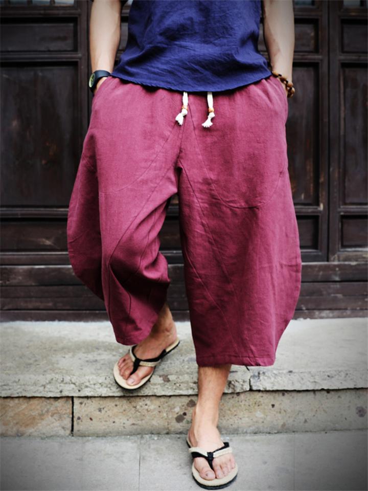 Men's Casual Comfy Drawstring Cotton Linen Cropped Pants