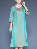 Women's Xiang Yunsha Mountain Print Contrast Trim O-neck 3/4 Sleeve Dress
