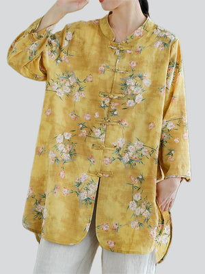 Women's Summer Oversized Flower Print Mid-Length Long Sleeve Shirt