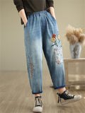 Loose Elastic Waist Flower Embroidery Cropped Jeans for Women