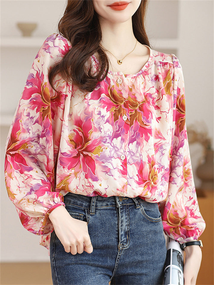 Korean Style Floral Print Round Neck Puff Sleeve Shirt for Women