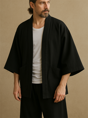 Men's Cool Japanese Style BatWing Sleeved Black Kimono Shirt