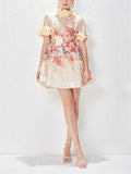 3D Flower Lace-Up Print Mini Dresses for Ladies