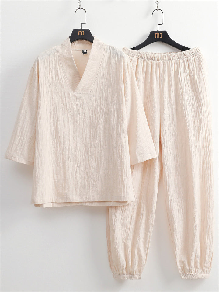 Men's 2Pcs Summer Casual Comfy V Neck Lapel 3/4 Sleeve Solid Color Outfits