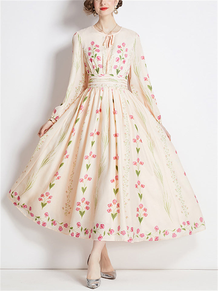 Women's Elegant Long Sleeve Floral Print Big Hem Dress