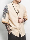 Men's Dragon Embroidery Short Sleeve Cozy Linen Shirt