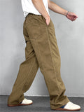 Men Vintage Simple Cotton Elastic Waist Loose Fit Wide Leg Cargo Pants