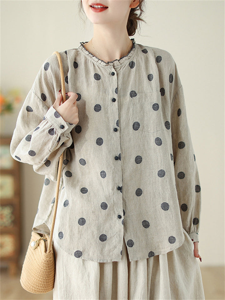 Women's Simple Long Sleeve Linen Cotton Polka Dots Shirts