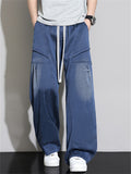 Men Plus Size Drawstring Wide Leg Jeans Elastic Waist Baggy Cargo Denim