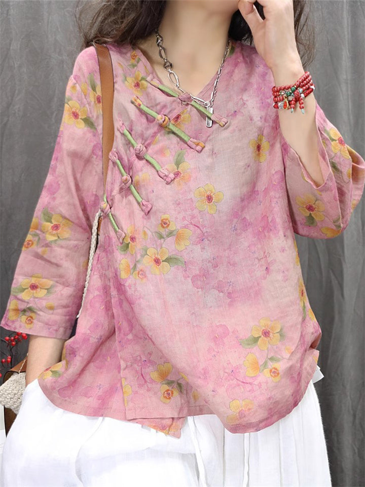 Women's Flowers Print Slant Placket 3/4 Sleeve Shirts