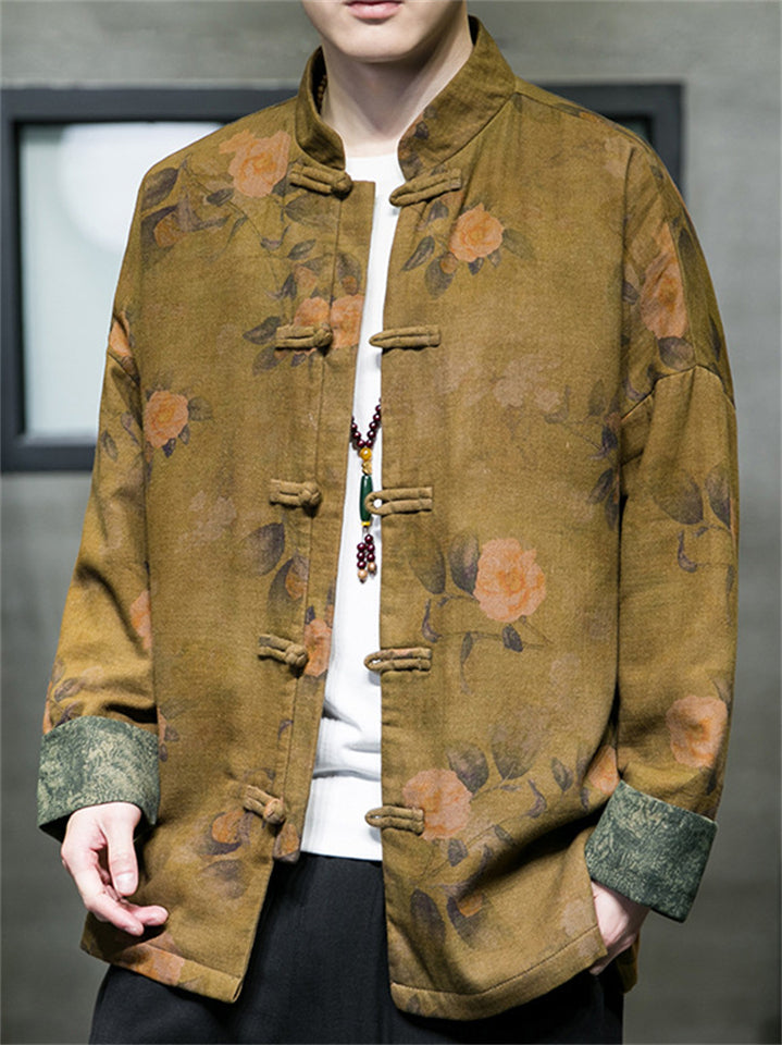 Men's Chinese Style Print Contrast Color Stand Collar TangSuit Jacket