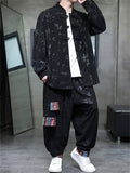 Chinese Ethnic Style Corduroy Button Leaf Pattern Jacket  and Loose Drawstring Pants Set for Men