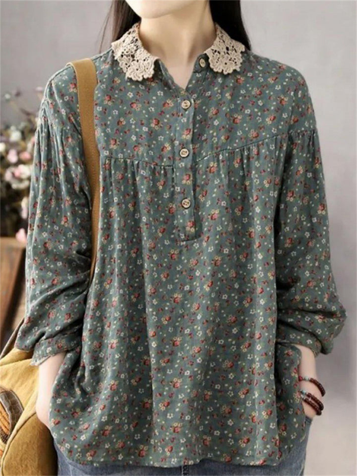 Women's Loose Floral Print Long Sleeve Lace Patchwork Collar Shirts