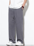 Mens Cotton Linen Striped Casual Beach Wear Wide Leg Pants