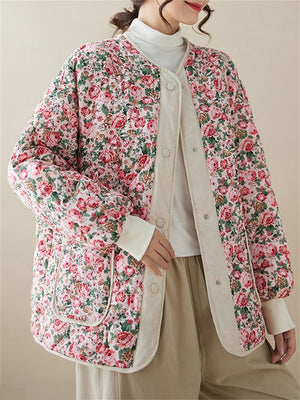 Casual Floral Print Quilted Jackets for Ladies
