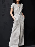 Women's O-Neck Gray Linen Short Sleeve Maxi Dress with Pockets