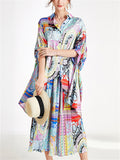 Women's 2Pcs Summer Flowers Print Lapel Satin Top & Pants