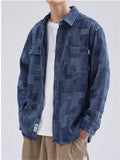 Men's Casual Plaid Lapel Long Sleeve Denim Shirts