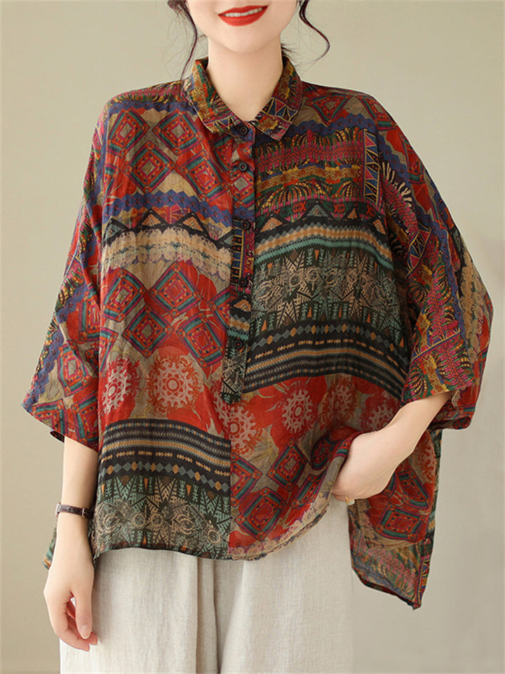 Ladies 3/4 Sleeve Ethnic Style Print Vintage Comfy Shirts