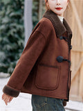 Women's Winter Vintage Contrast Trim Fleeced Faux Suede Long Sleeve Coats