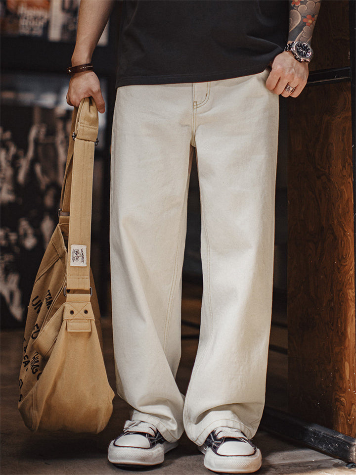 Men Casual Washed White Wide Leg Loose Fit Denim Jeans