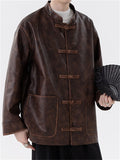 Men's Autumn Chinese Style Faux Leather Pockets Frog Button Coats