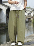 Men Japanese Streetwear Cotton Linen Drawstring Baggy Wide Leg Pants