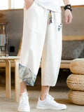 Men's Japanese Style Patchwork Drawstring Cotton Linen Wide Leg Capri Pants
