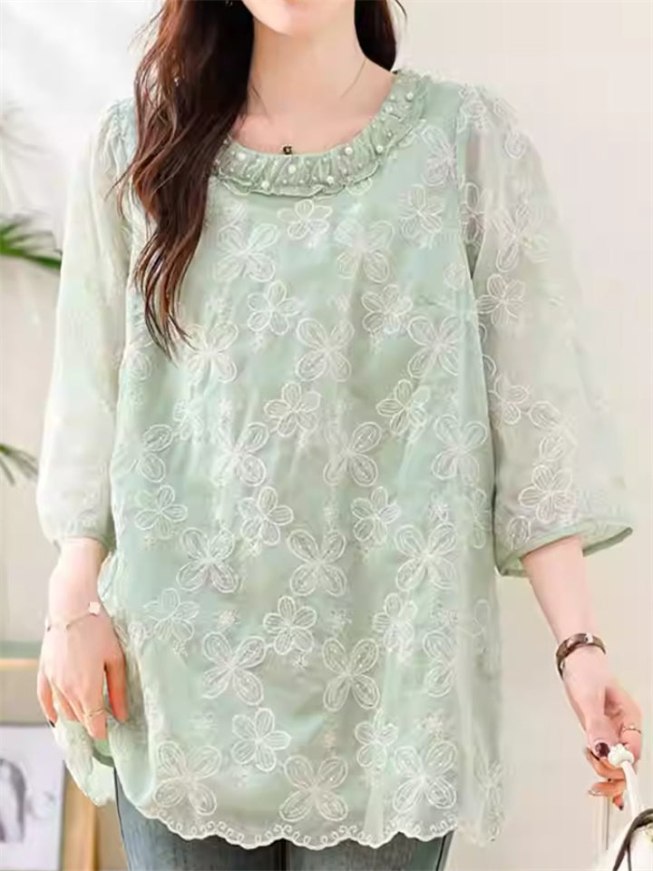 Women's Green 3/4 Sleeve Round Neck Beads Patchwork Shirts