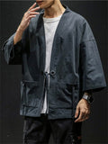Men Japanese Style Linen Blend Open Front Cardigan Jacket