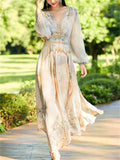 Women's Elegant Mulberry Silk Print V-Neck Holiday Maxi Dresses