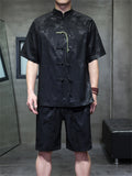 Men's 2Pcs Summer Bamboo Jacquard Stand Collar Short Sleeve Solid Color Outfits