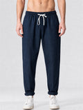 Men Cotton Linen Drawstring Elastic Waist Joggers Tapered Pants