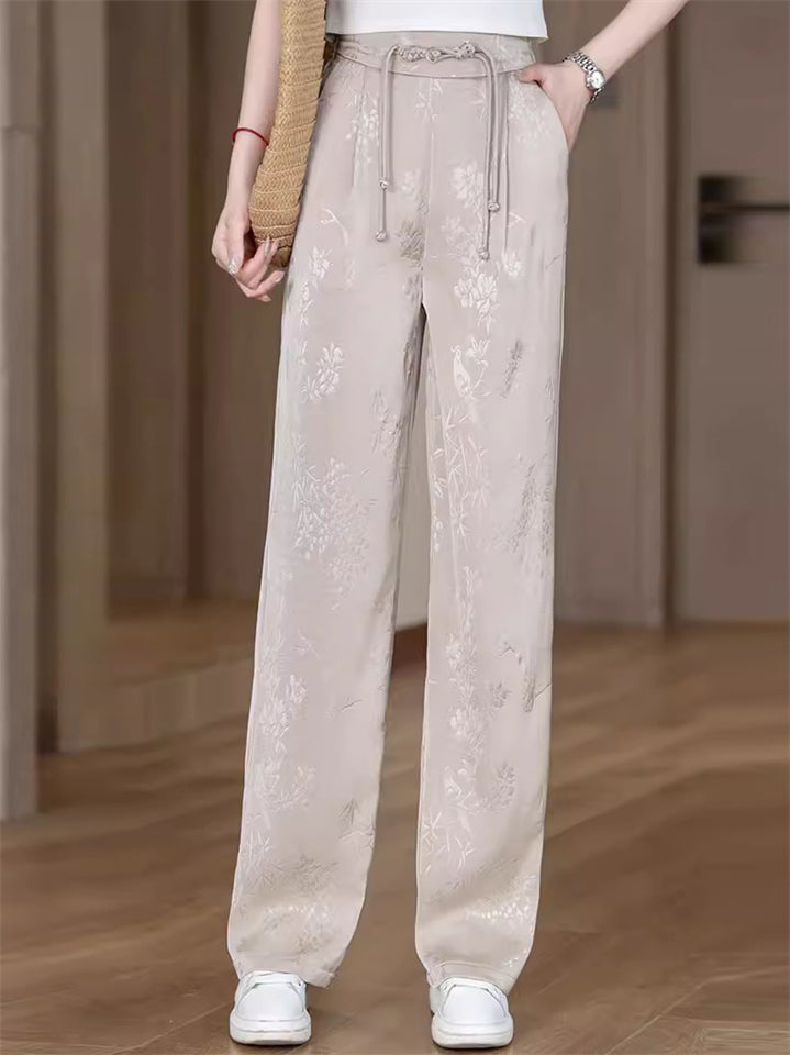 Women's Breathable Chinese Style Floral Print Drape High Waist Wide Leg Pants