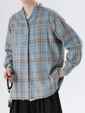 Men's Japanese Style Causal Collarless Loose Long Sleeve Plaid Shirts
