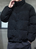 Winter Warm Corduroy Stand Collar Frog Button Puffer Coat for Men