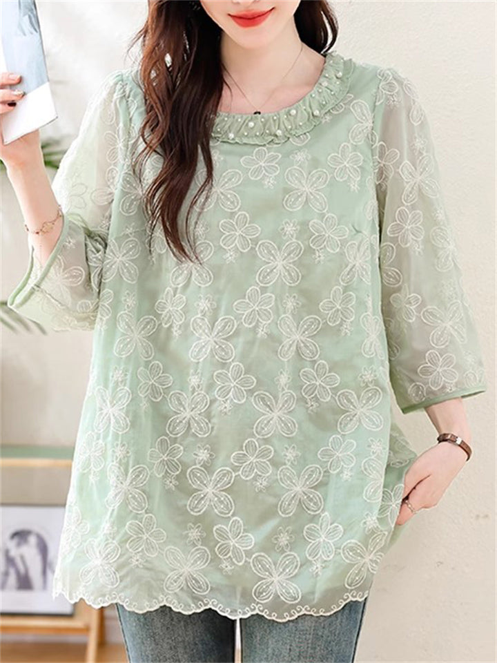 Women's Green 3/4 Sleeve Round Neck Beads Patchwork Shirts